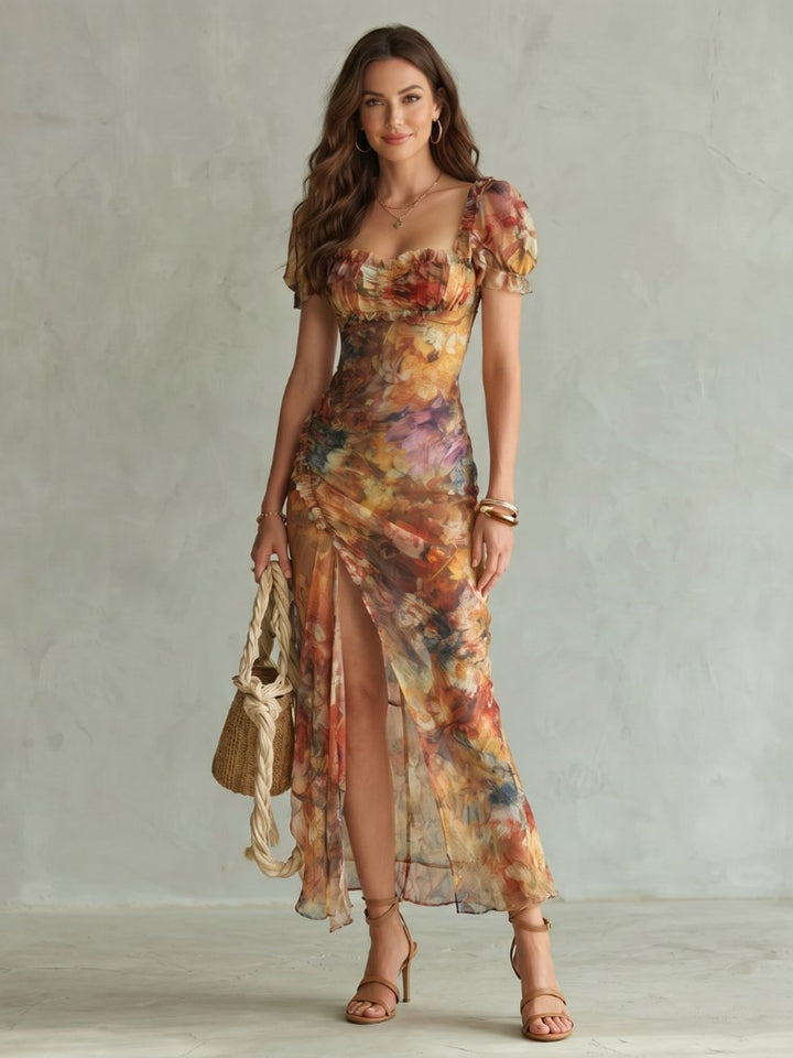 Women's Floral Ruched Slit Midi Party Dress Ruffled Sleeves