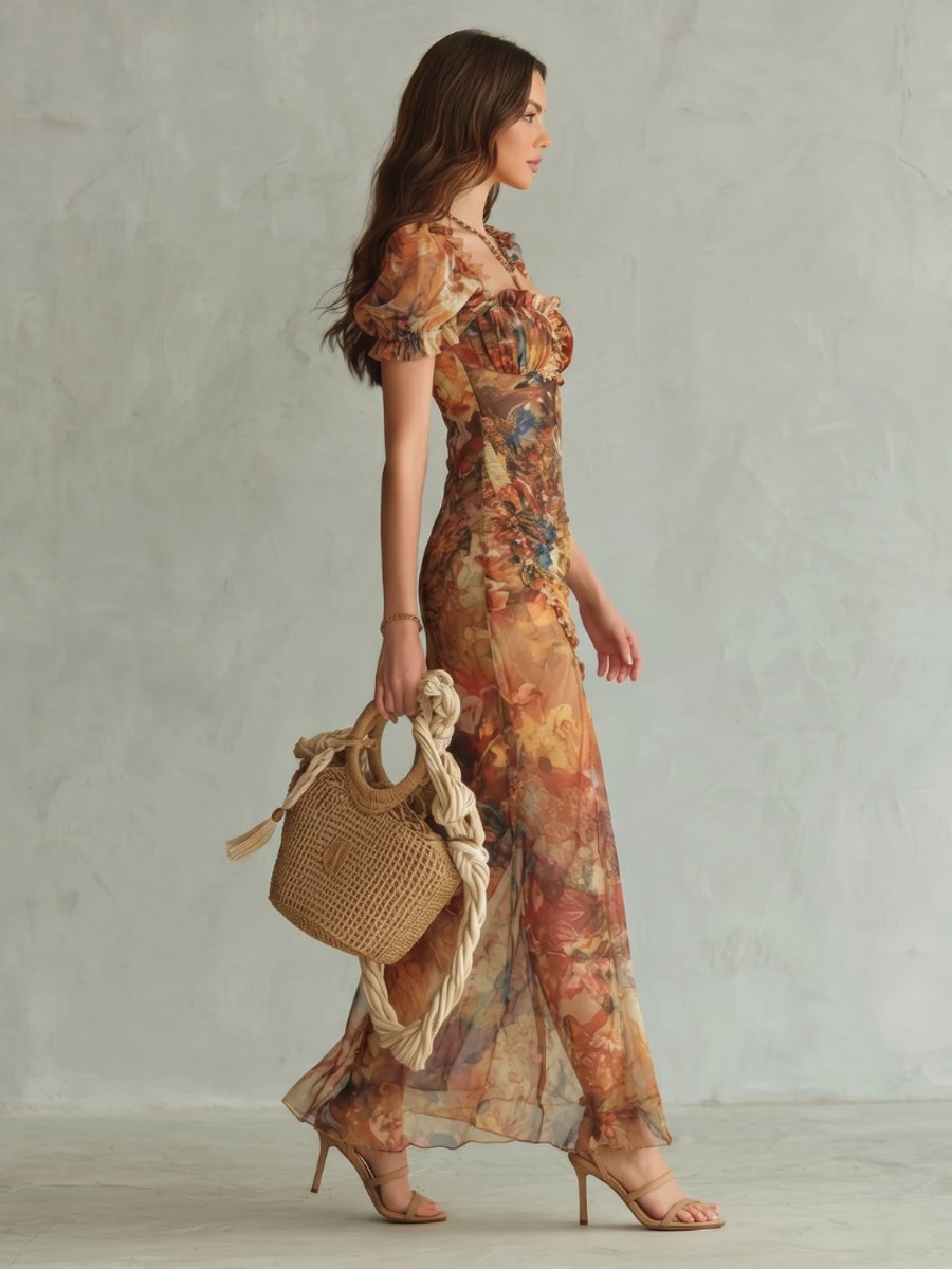 Women's Floral Ruched Slit Midi Party Dress Ruffled Sleeves
