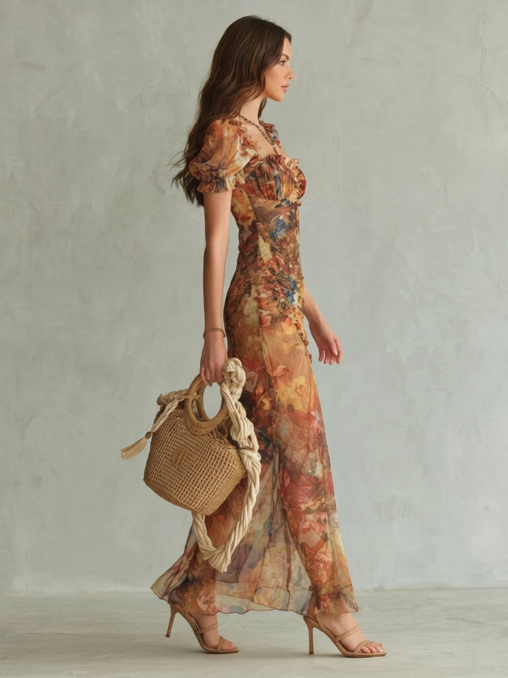 Women's Floral Ruched Slit Midi Party Dress Ruffled Sleeves