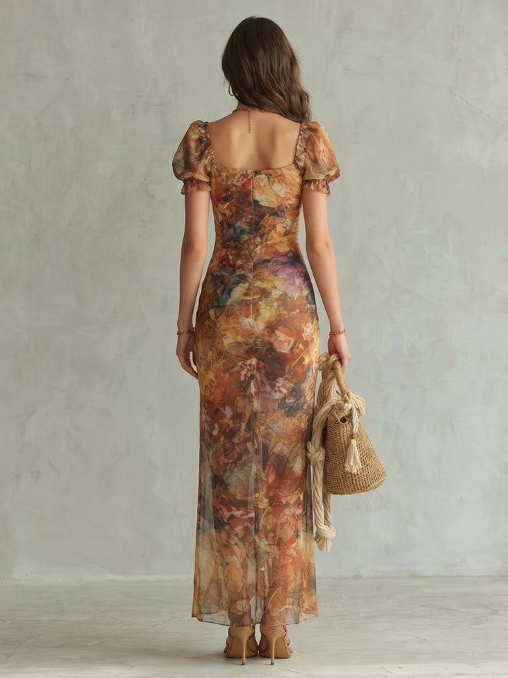 Women's Floral Ruched Slit Midi Party Dress Ruffled Sleeves