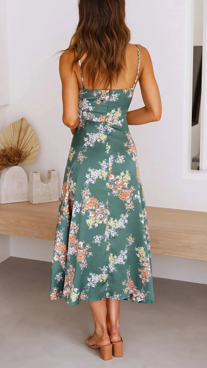 Women's Floral Satin Midi Everyday Day Dress Bow Front