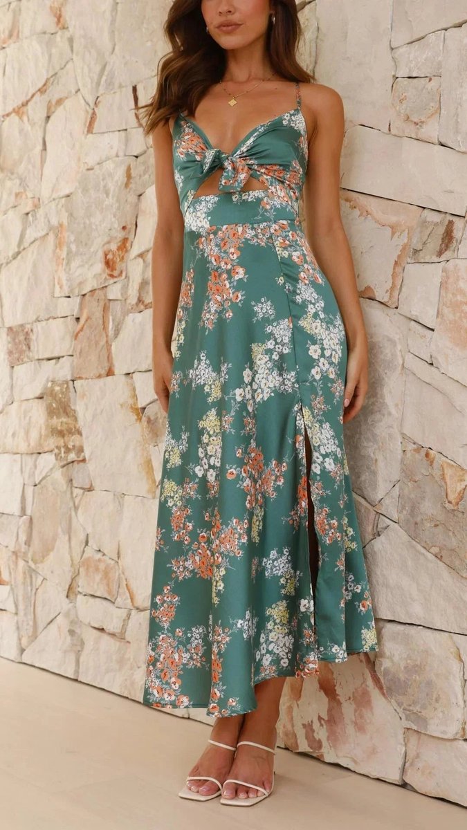 Women's Floral Satin Midi Everyday Day Dress Bow Front