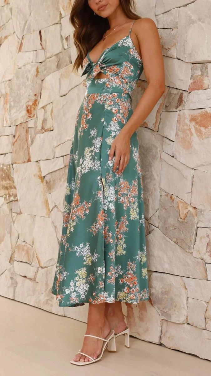 Women's Floral Satin Midi Everyday Day Dress Bow Front