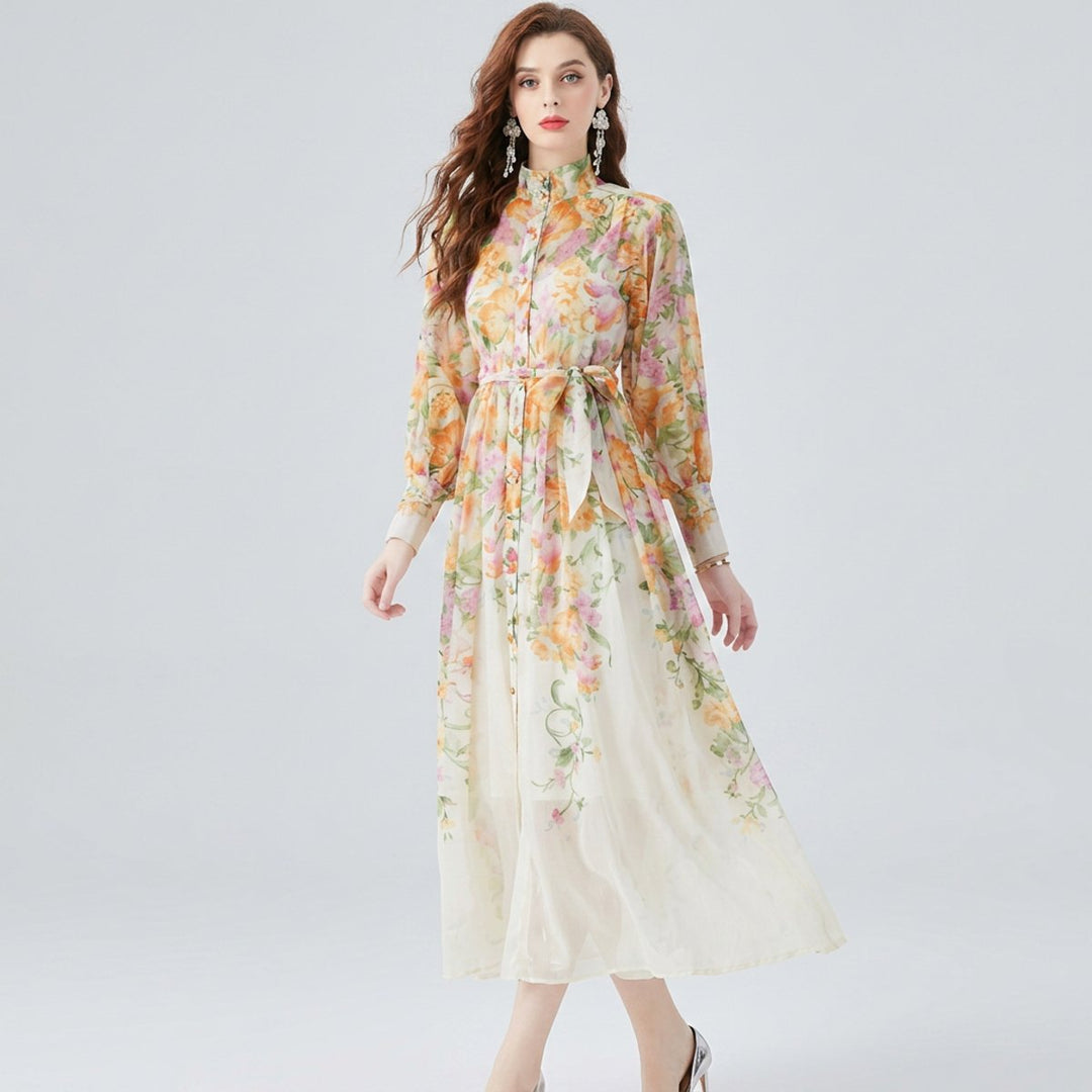 Women's Floral Sheer Button-Front Everyday Maxi Dress