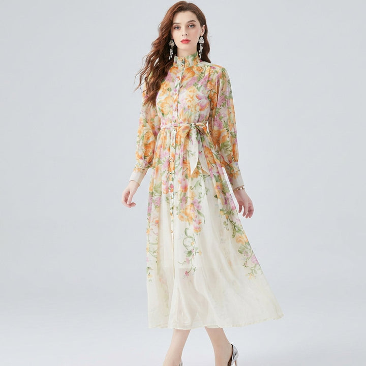 Women's Floral Sheer Button-Front Everyday Maxi Dress