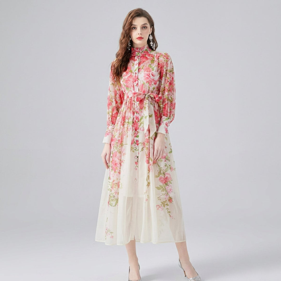 Women's Floral Sheer Button-Front Everyday Maxi Dress