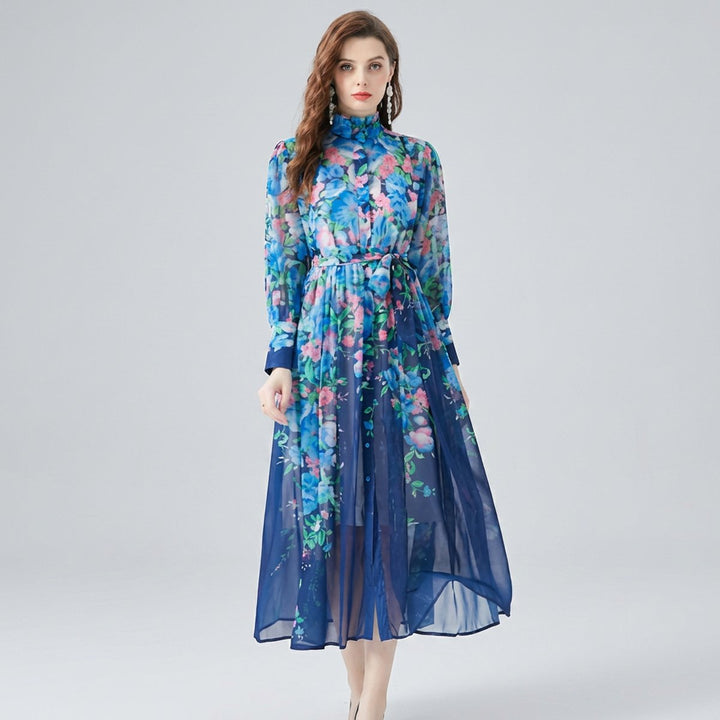 Women's Floral Sheer Button-Front Everyday Maxi Dress