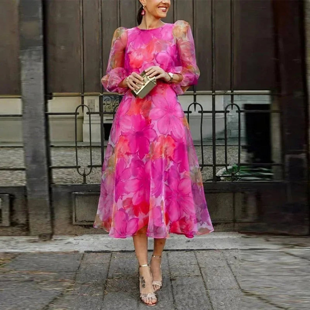 Women's Floral Sheer-Sleeve Midi Christmas Party Dress