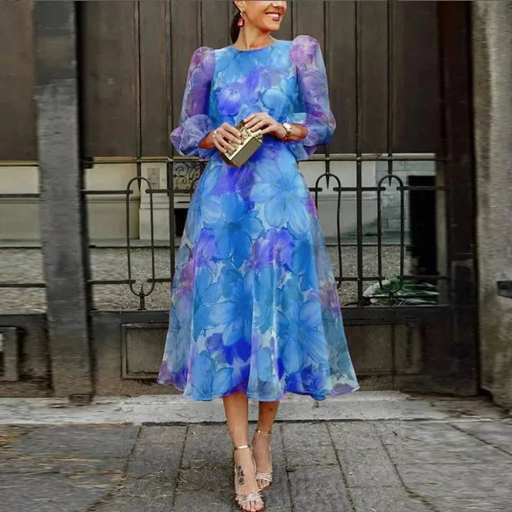 Women's Floral Sheer-Sleeve Midi Christmas Party Dress