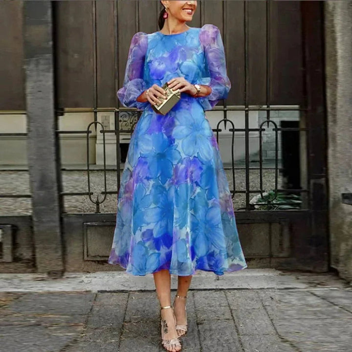 Women's Floral Sheer-Sleeve Midi Christmas Party Dress