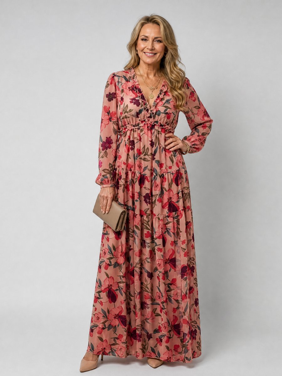 Women's Floral Tiered Maxi Everyday Day Dress Long Sleeve V-Neck