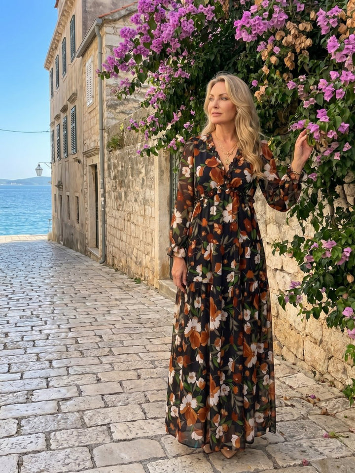 Women's Floral Tiered Maxi Everyday Day Dress Long Sleeve V-Neck