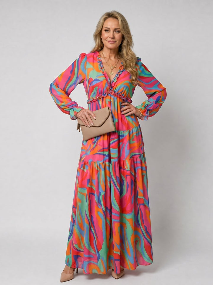 Women's Floral Tiered Maxi Everyday Day Dress Long Sleeve V-Neck