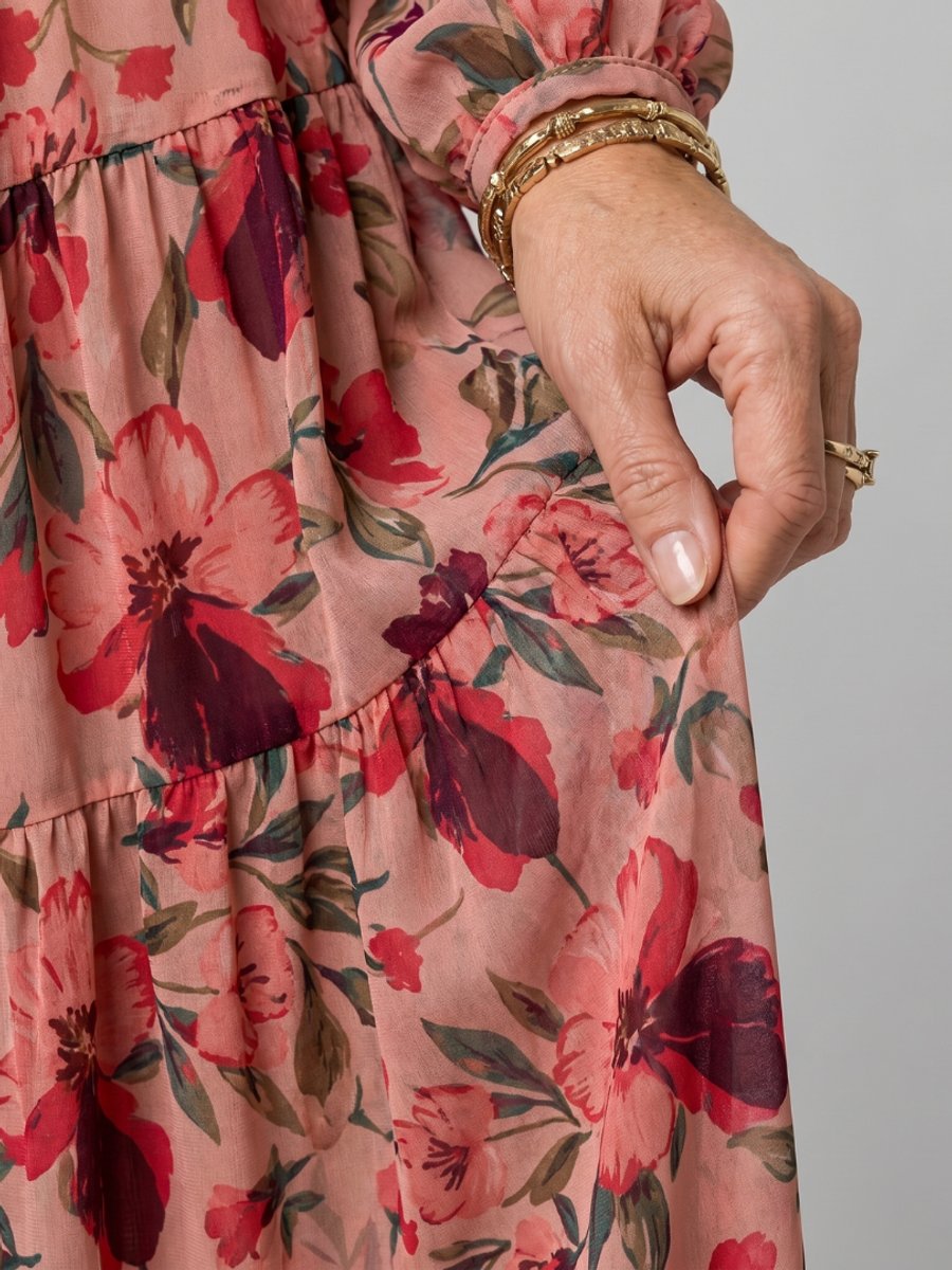Women's Floral Tiered Maxi Everyday Day Dress Long Sleeve V-Neck