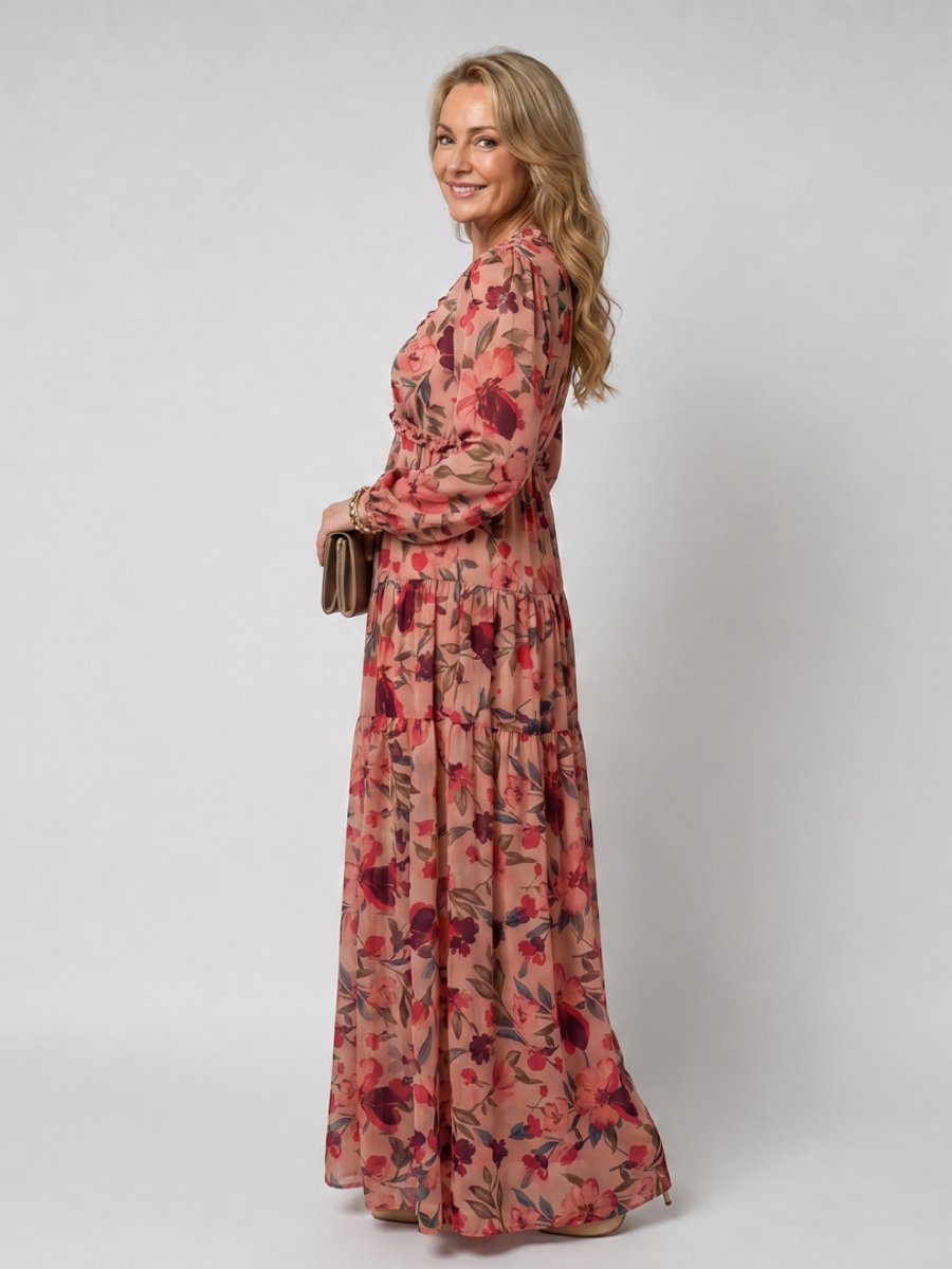 Women's Floral Tiered Maxi Everyday Day Dress Long Sleeve V-Neck