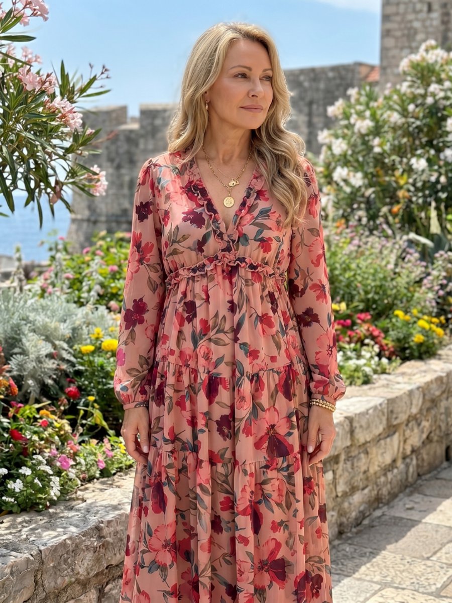 Women's Floral Tiered Maxi Everyday Day Dress Long Sleeve V-Neck