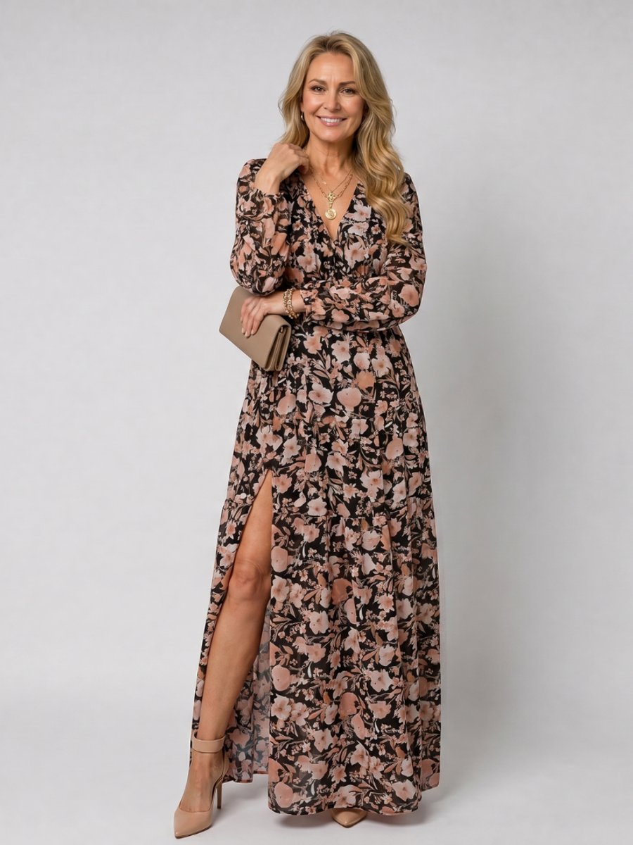 Women's Floral Tiered Maxi Everyday Day Dress Long Sleeve V-Neck