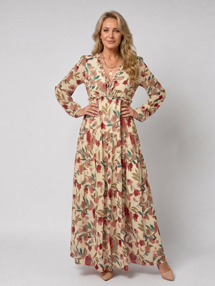 Women's Floral Tiered Maxi Everyday Day Dress Long Sleeve V-Neck