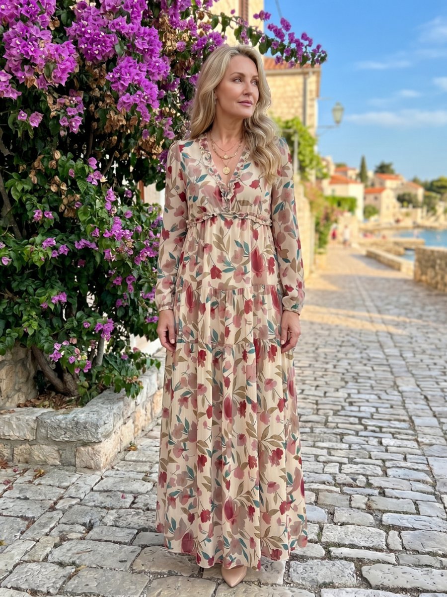 Women's Floral Tiered Maxi Everyday Day Dress Long Sleeve V-Neck