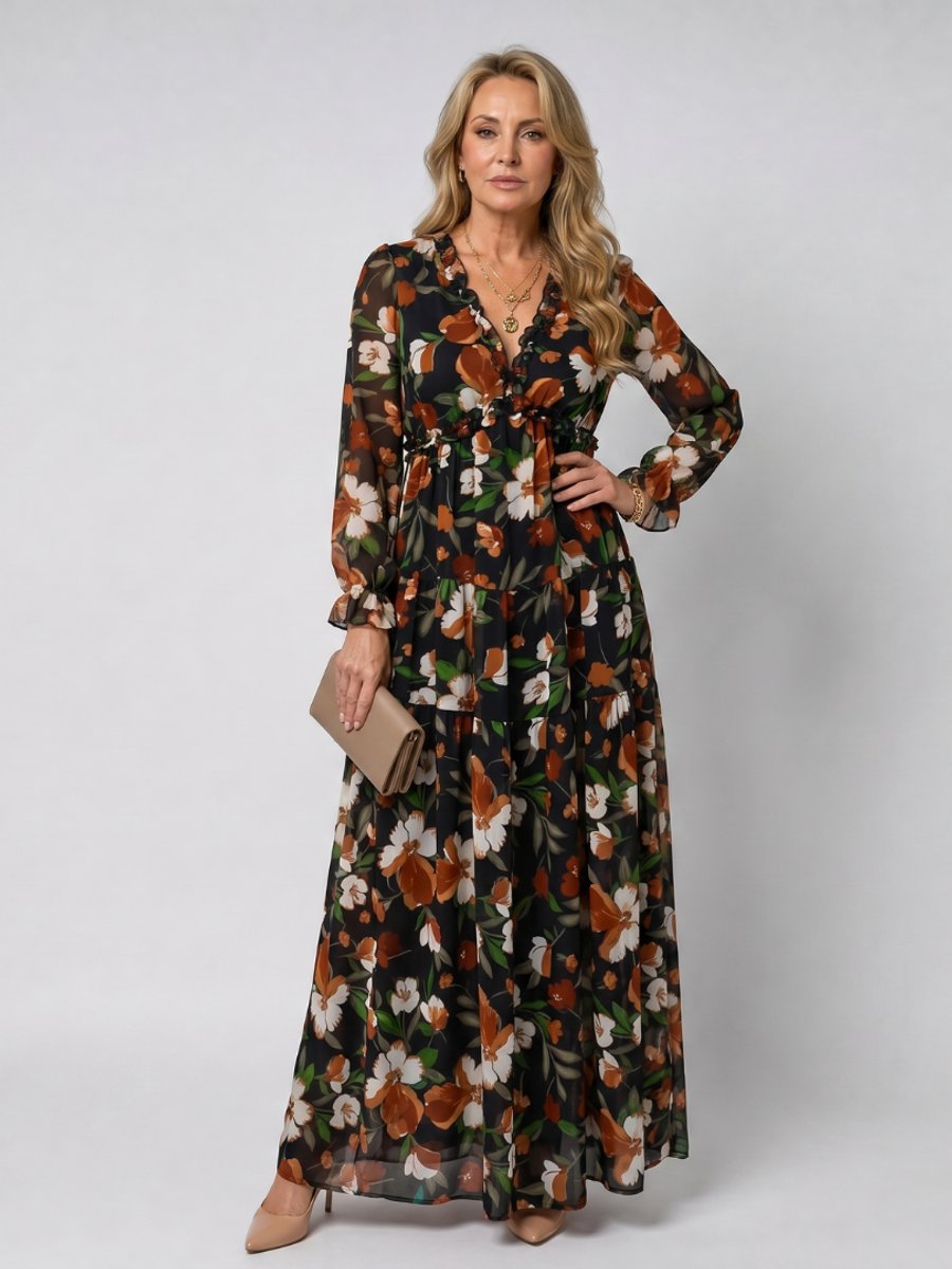 Women's Floral Tiered Maxi Everyday Day Dress Long Sleeve V-Neck