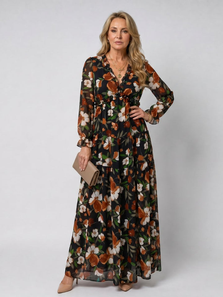 Women's Floral Tiered Maxi Everyday Day Dress Long Sleeve V-Neck