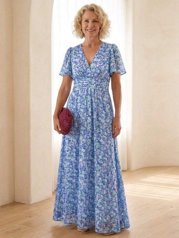 Women's Floral V-Neck Everyday Day Dress Flutter Sleeve Maxi