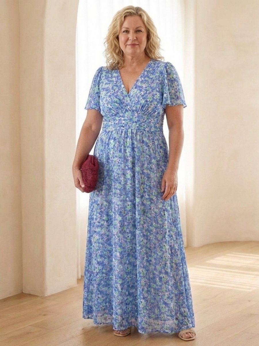 Women's Floral V-Neck Everyday Day Dress Flutter Sleeve Maxi