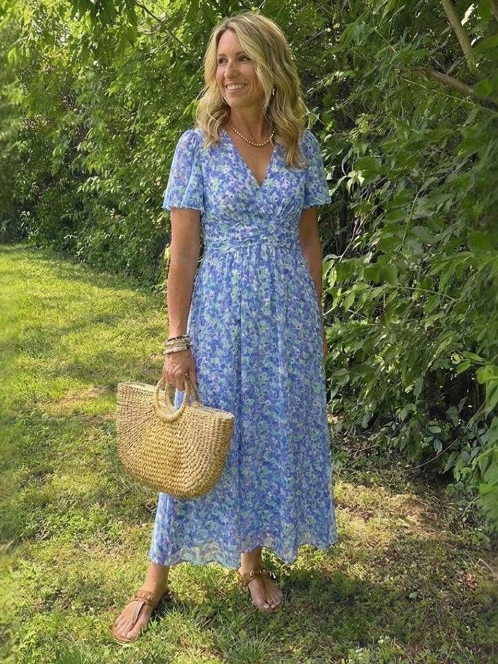 Women's Floral V-Neck Everyday Day Dress Flutter Sleeve Maxi
