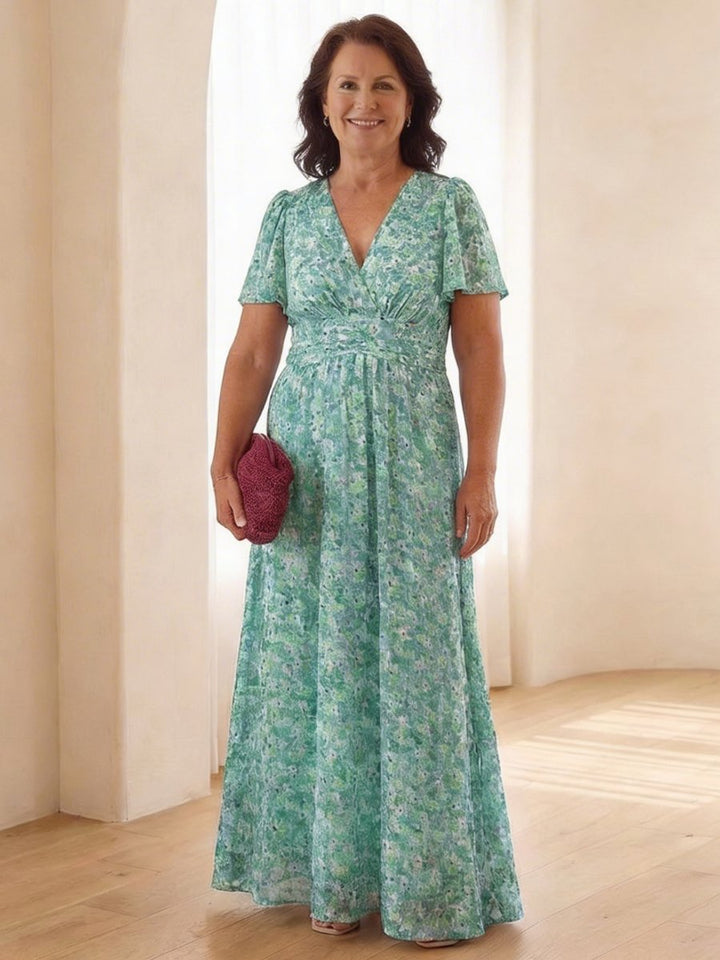 Women's Floral V-Neck Everyday Day Dress Flutter Sleeve Maxi