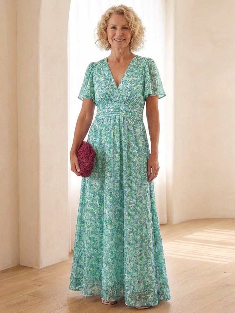Women's Floral V-Neck Everyday Day Dress Flutter Sleeve Maxi