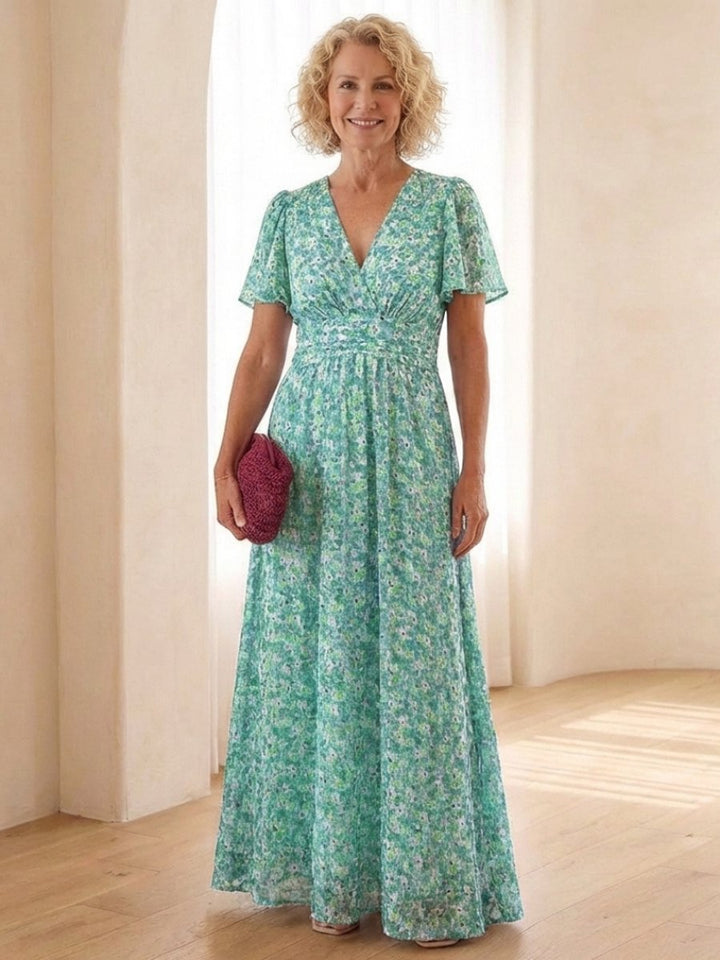 Women's Floral V-Neck Everyday Day Dress Flutter Sleeve Maxi