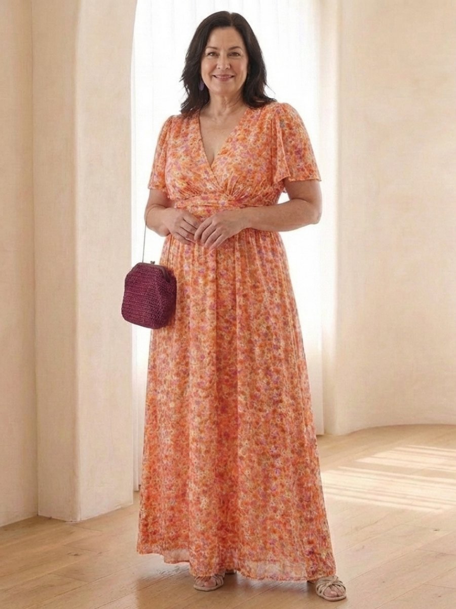 Women's Floral V-Neck Everyday Day Dress Flutter Sleeve Maxi