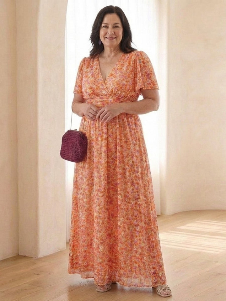 Women's Floral V-Neck Everyday Day Dress Flutter Sleeve Maxi