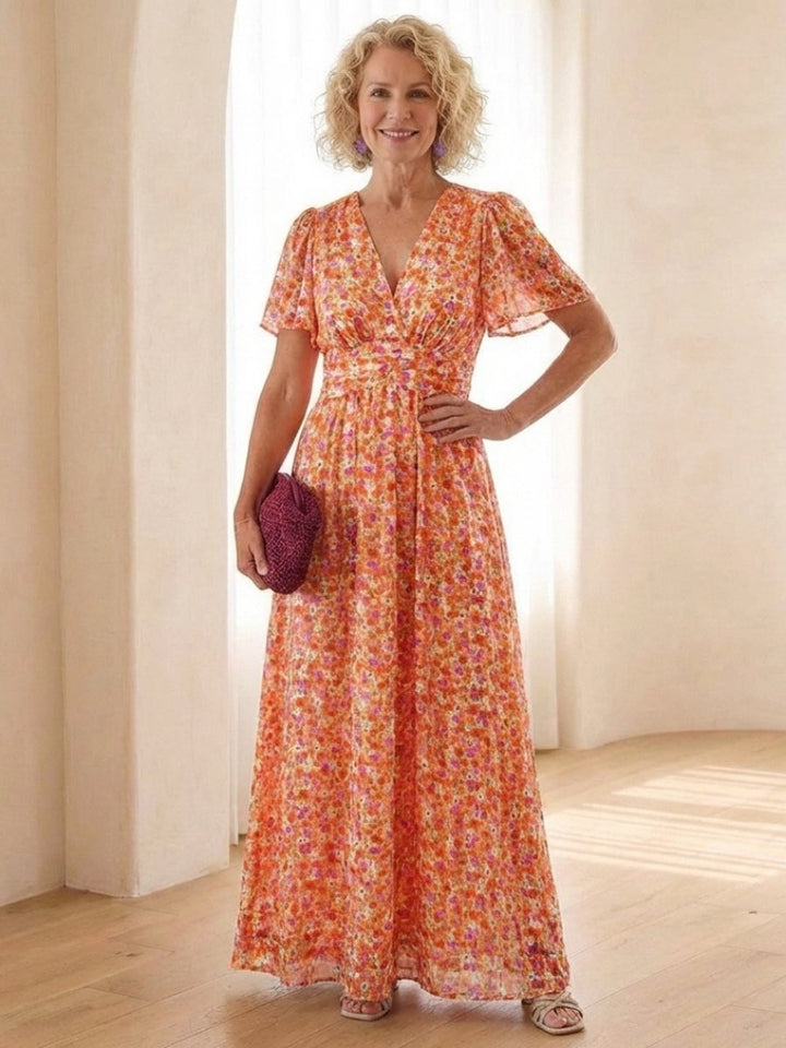 Women's Floral V-Neck Everyday Day Dress Flutter Sleeve Maxi