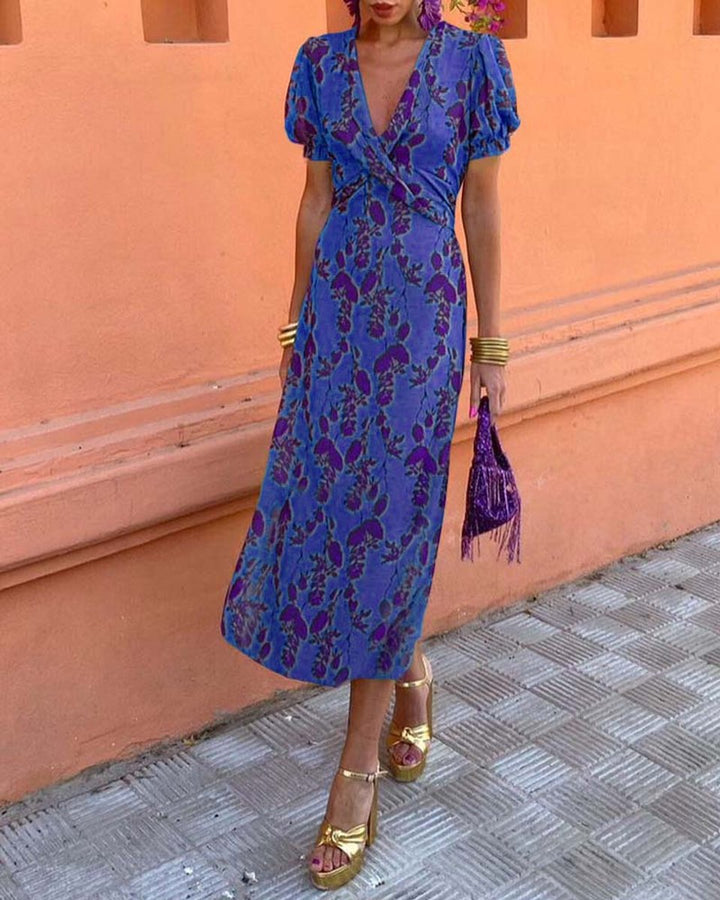 Women's Floral V-Neck Puff Sleeve Everyday Day Dress Midi