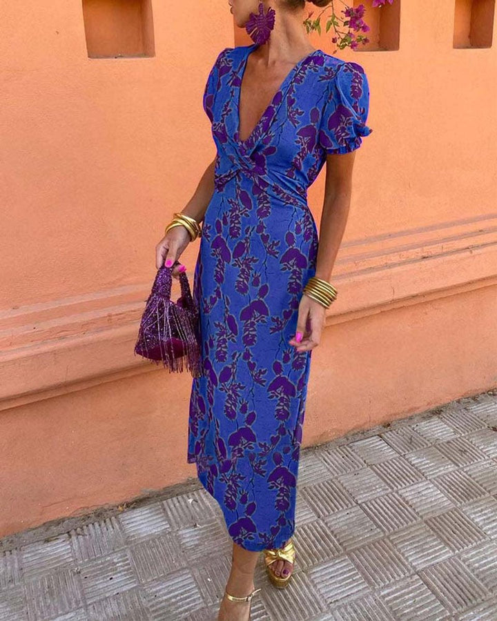 Women's Floral V-Neck Puff Sleeve Everyday Day Dress Midi