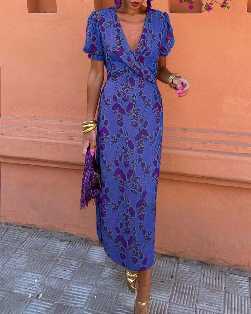Women's Floral V-Neck Puff Sleeve Everyday Day Dress Midi