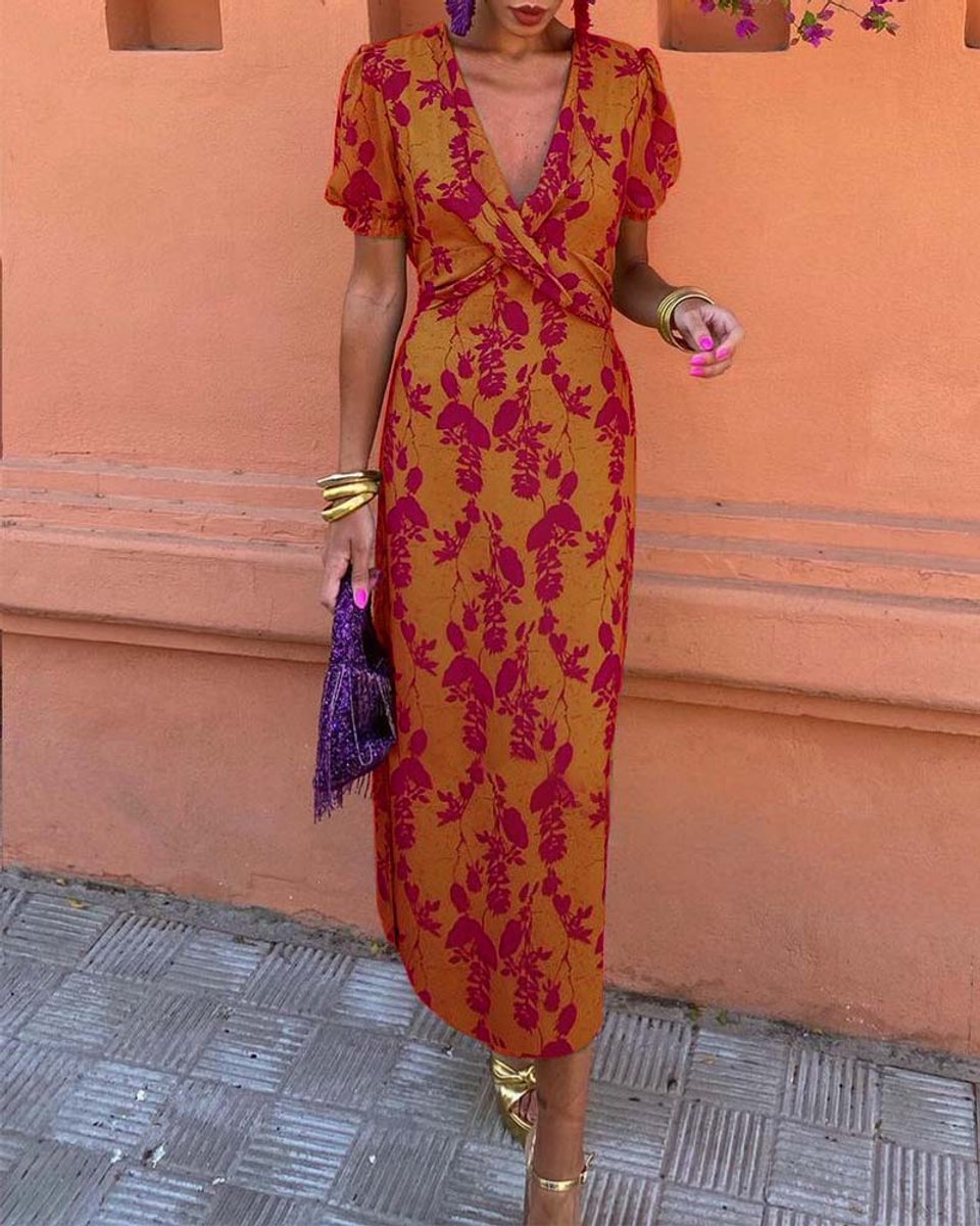 Women's Floral V-Neck Puff Sleeve Everyday Day Dress Midi