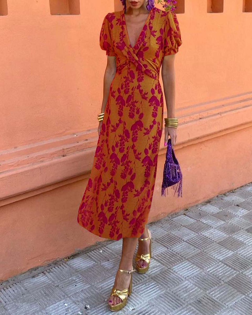 Women's Floral V-Neck Puff Sleeve Everyday Day Dress Midi