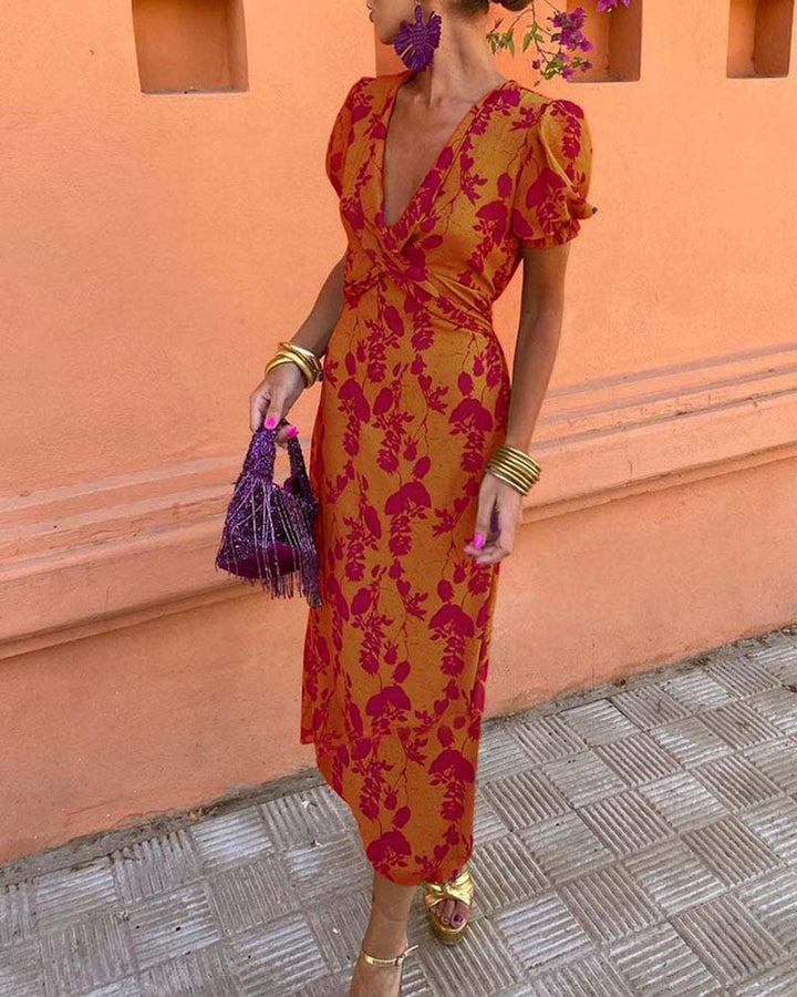 Women's Floral V-Neck Puff Sleeve Everyday Day Dress Midi