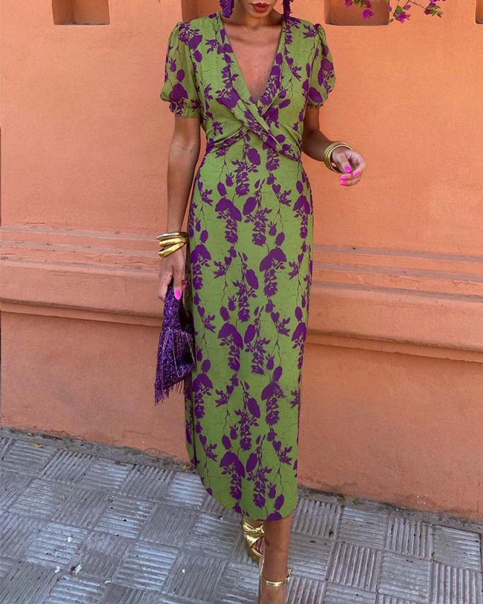 Women's Floral V-Neck Puff Sleeve Everyday Day Dress Midi