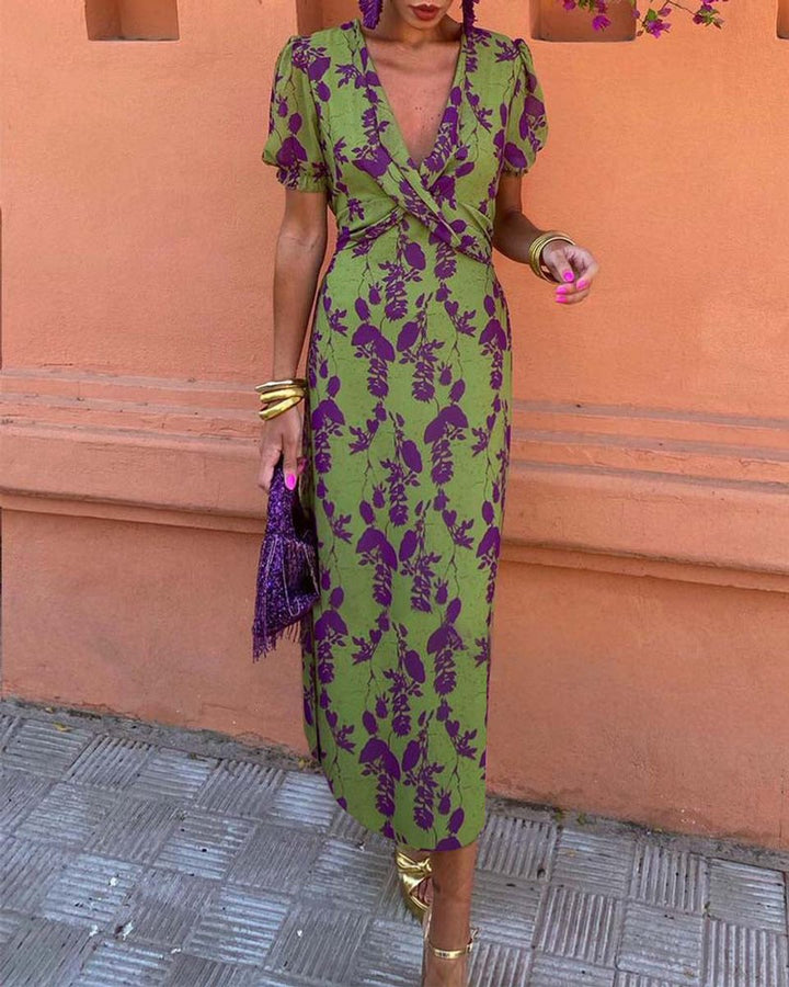 Women's Floral V-Neck Puff Sleeve Everyday Day Dress Midi