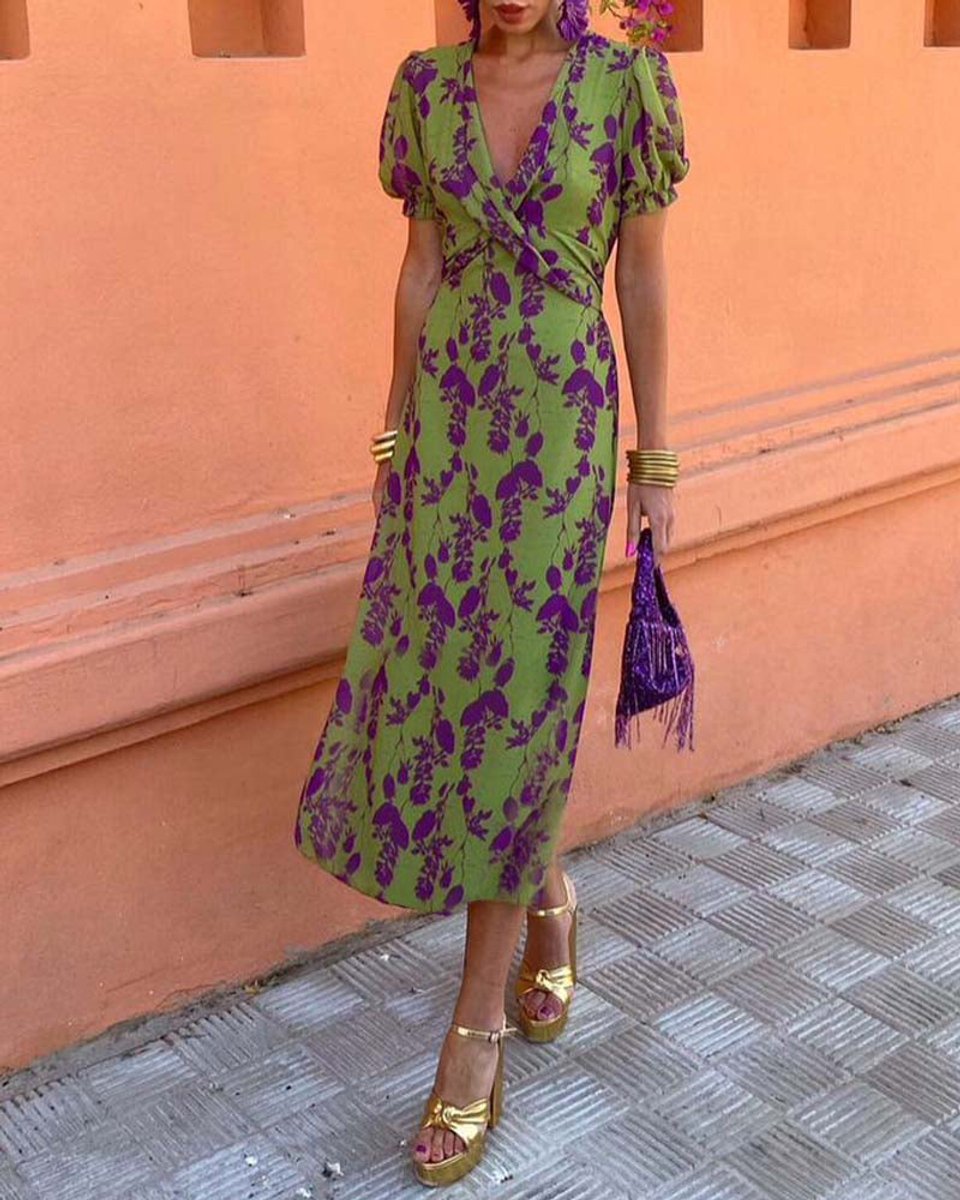 Women's Floral V-Neck Puff Sleeve Everyday Day Dress Midi