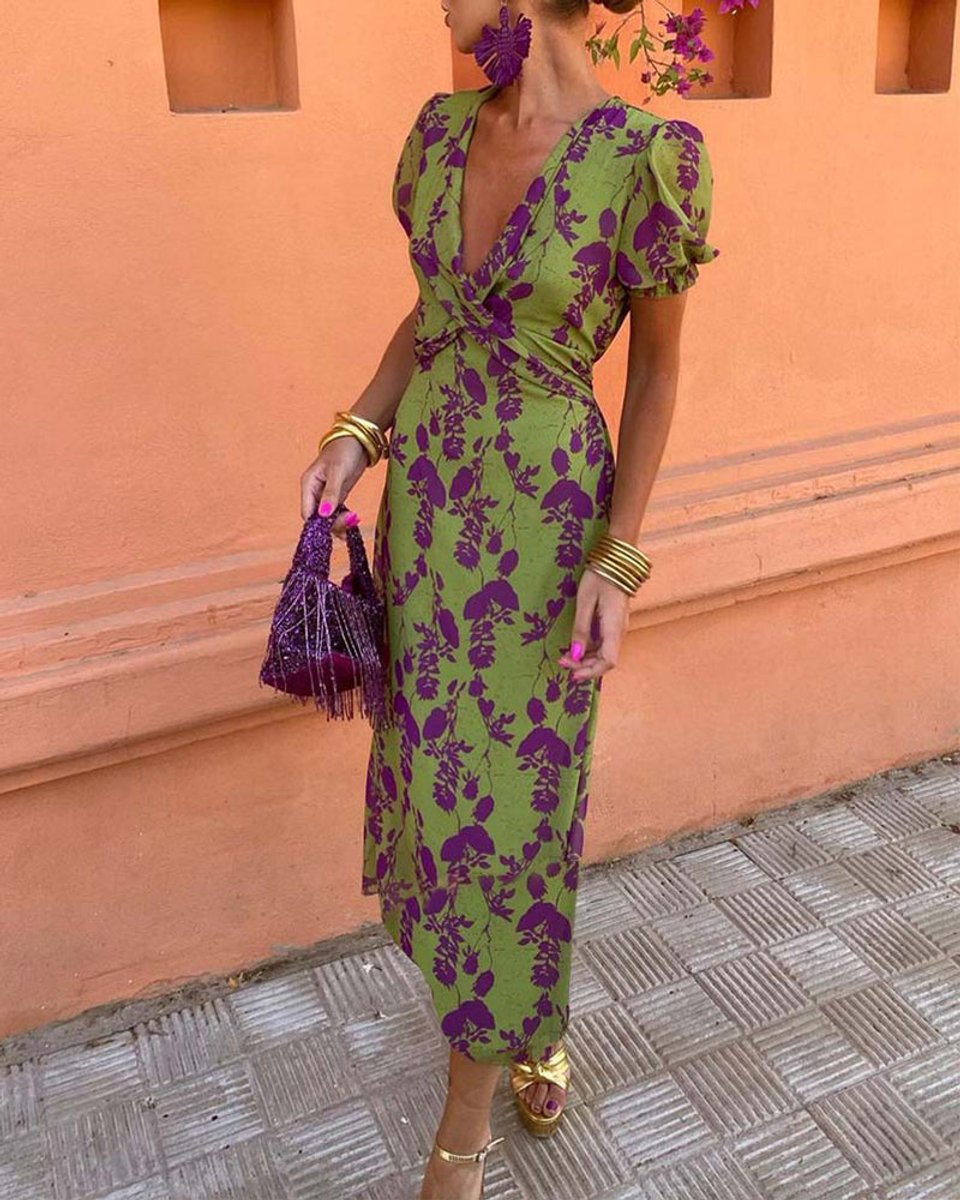 Women's Floral V-Neck Puff Sleeve Everyday Day Dress Midi
