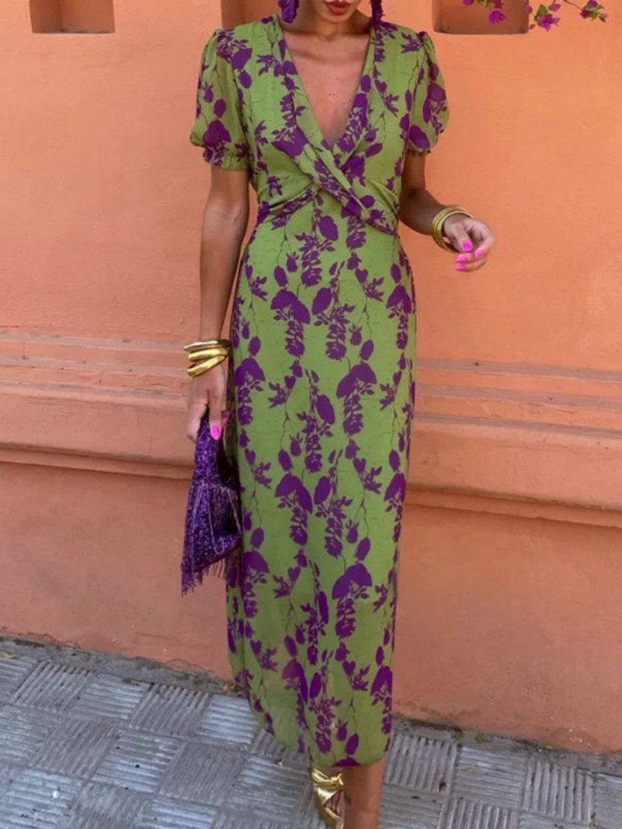 Women's Floral V-Neck Wrap Midi Everyday Day Dress Puff Sleeve