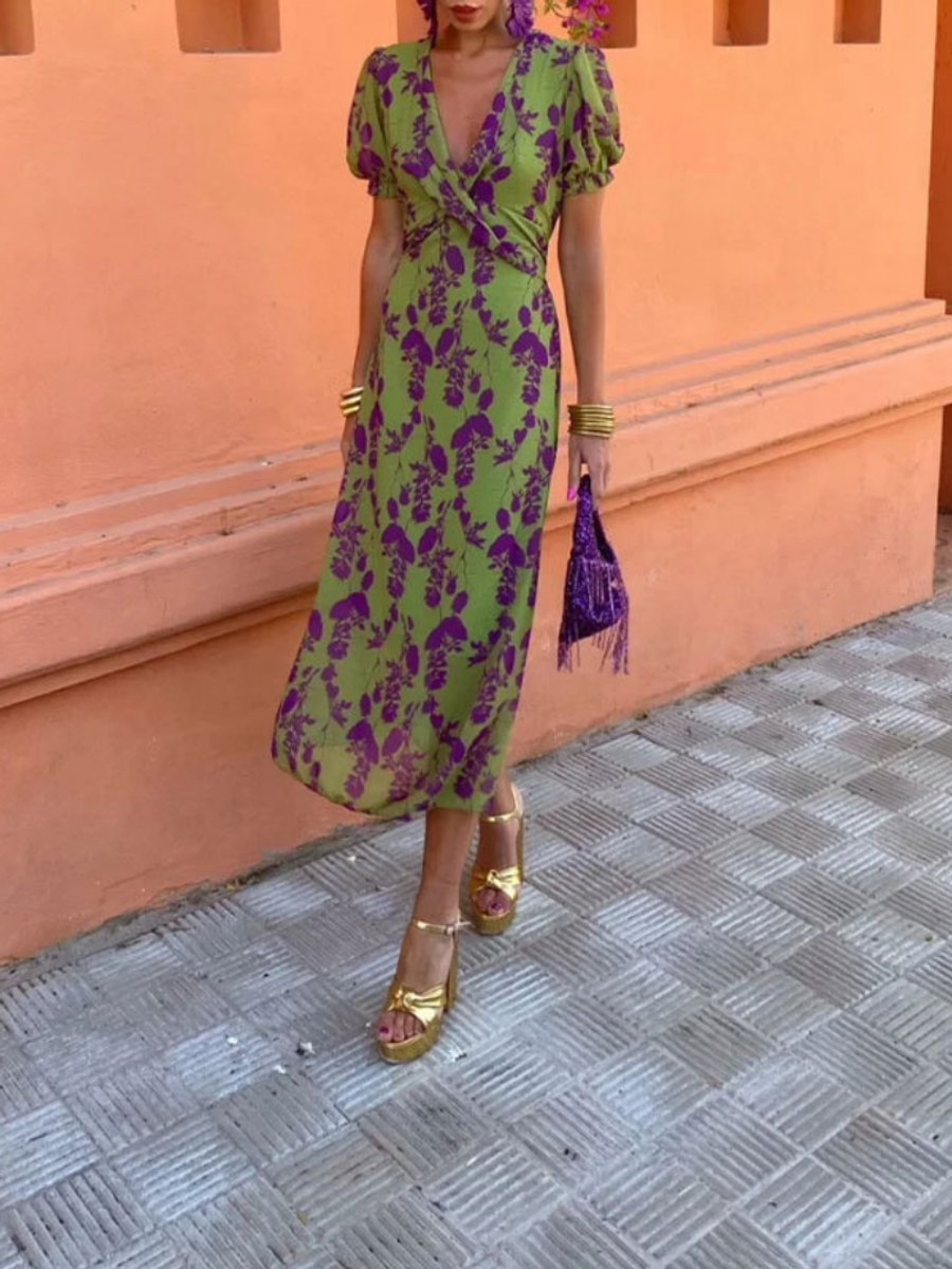 Women's Floral V-Neck Wrap Midi Everyday Day Dress Puff Sleeve