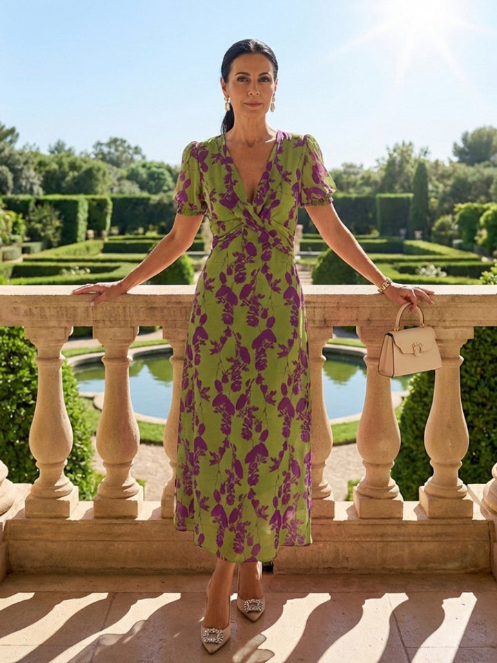Women's Floral V-Neck Wrap Midi Everyday Day Dress Puff Sleeve
