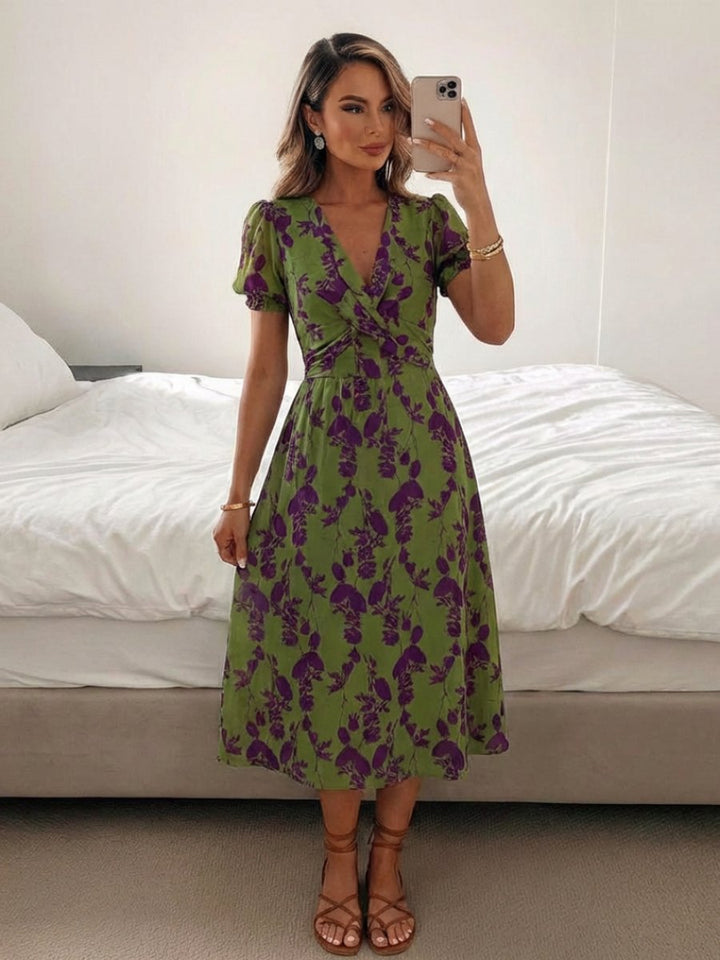 Women's Floral V-Neck Wrap Midi Everyday Day Dress Puff Sleeve