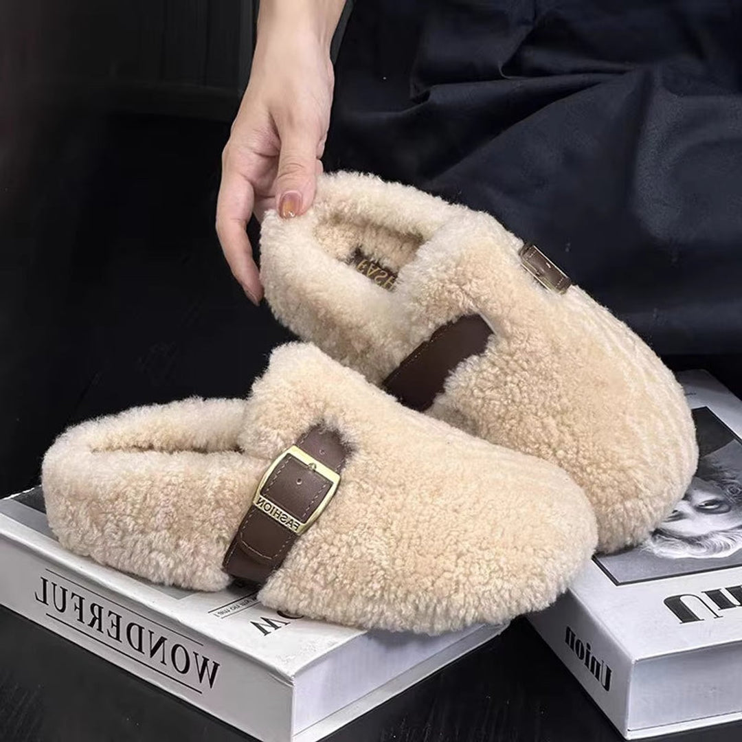 Women's Fluffy Buckle-Strap Flat Slip-On Slippers