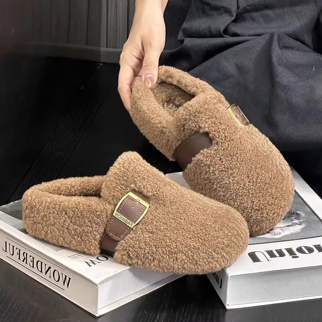 Women's Fluffy Buckle-Strap Flat Slip-On Slippers